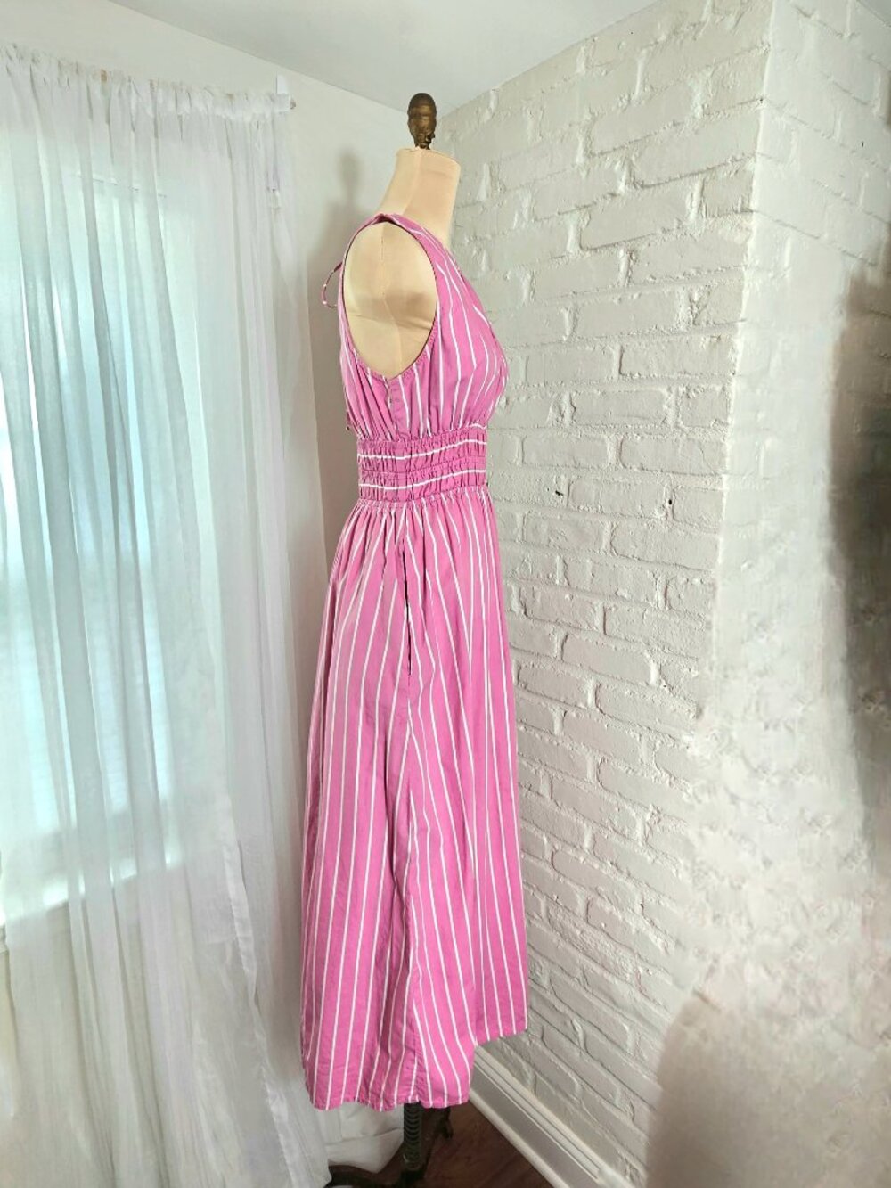 Faithfull The Brand Pink Stripe Smocked Waist Midi Dress Size L Open Back Tie - Picture 7 of 12